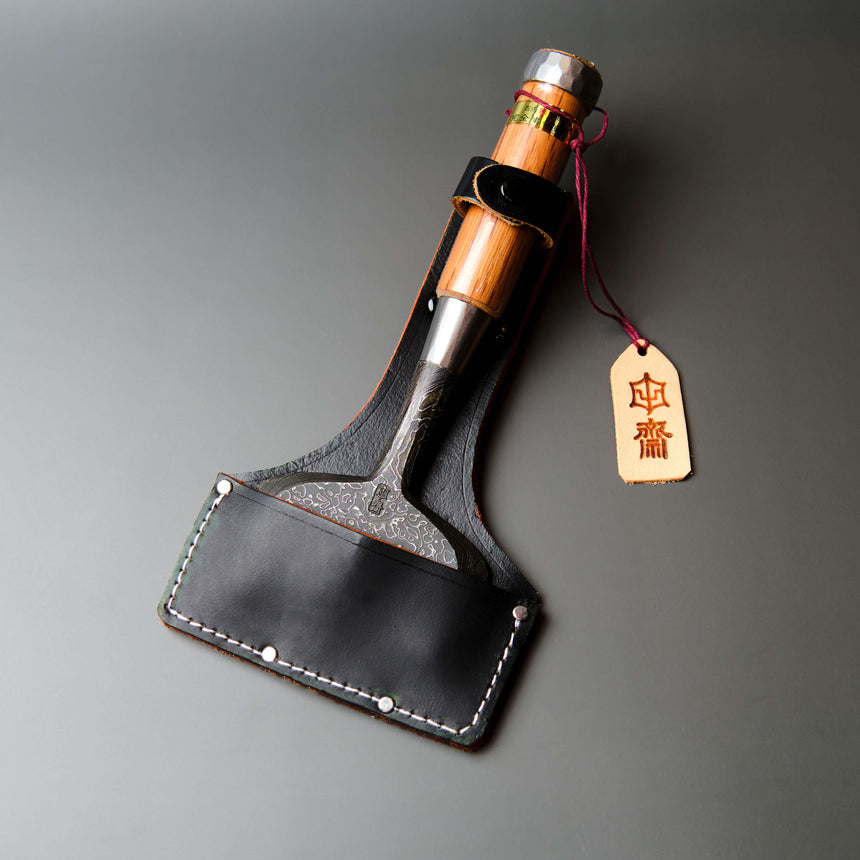 90mm Mokume Wakizashi with Leather Sheath by Tasai-san