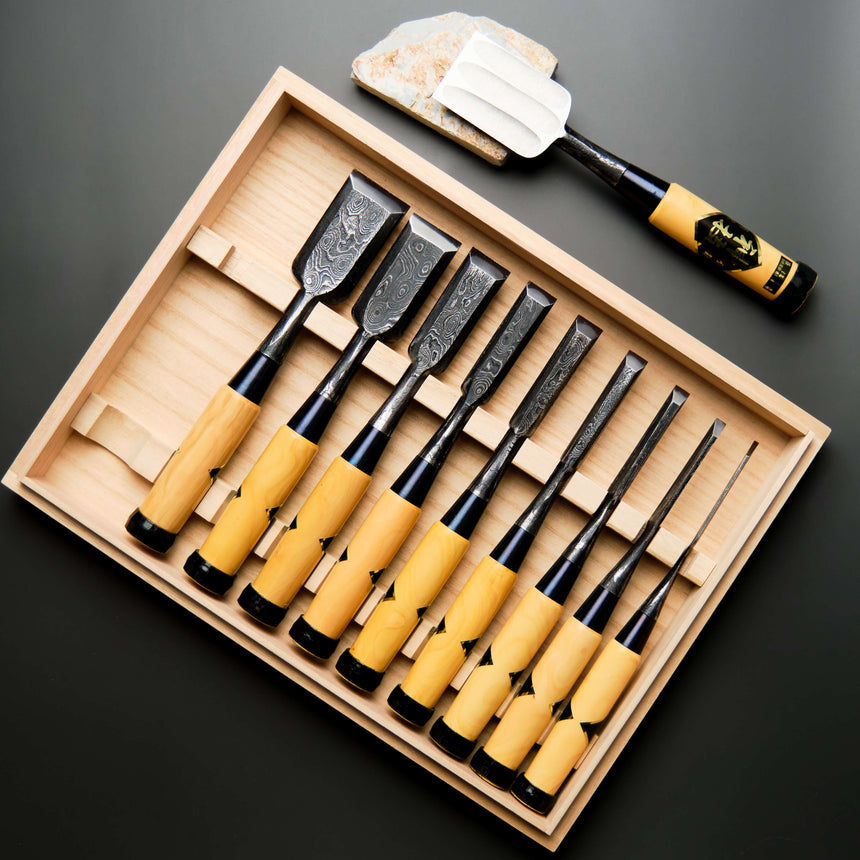 Suminagashi Damascus Bench Chisel Set - Boxwood Handles