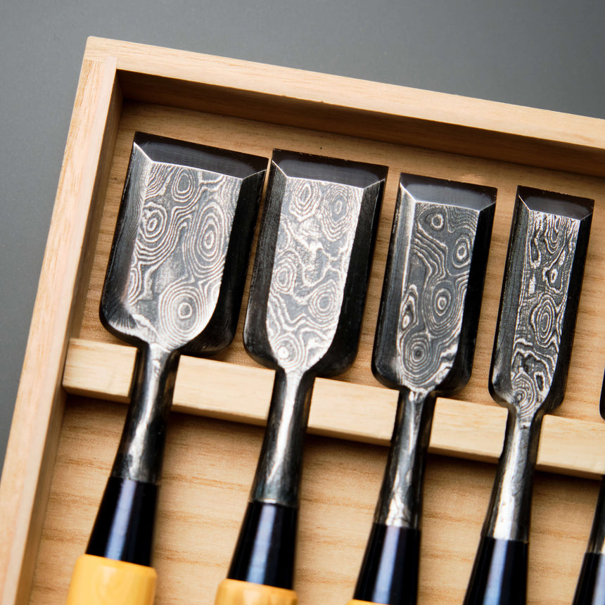 Suminagashi Damascus Bench Chisel Set - Boxwood Handles