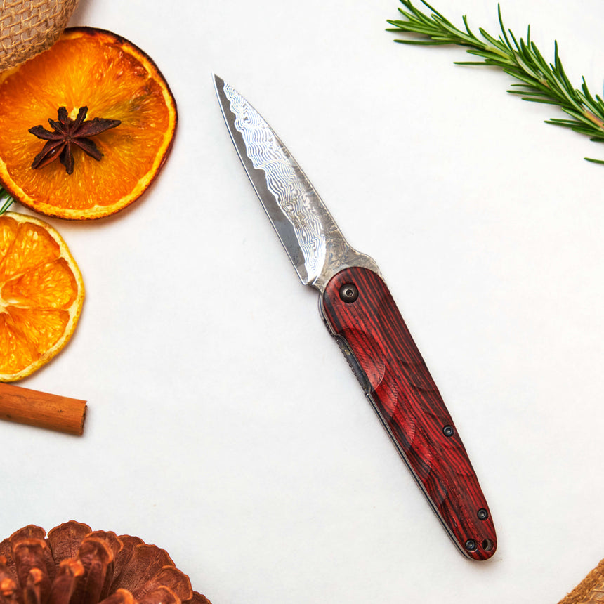 Traditional Japanese Damascus Folding Pocket Knife - Cocobolo Wood Handle